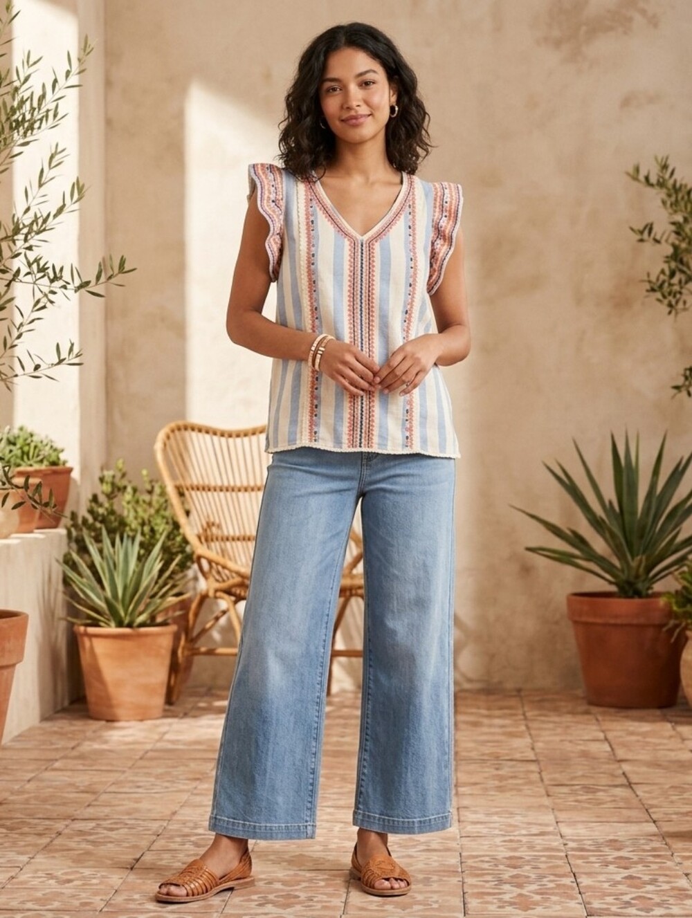 THML Embroidery Boho-Chic XL Top Flutter Sleeves Whimsical Beach Cottagecore